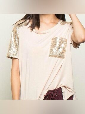 POL Rose Gold Sequin Pocket Tee Size Medium